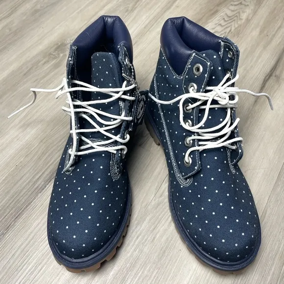 NEW Timberland Kids Blue Polka Dot Denim Chukka Ankle Lace Up Boots Size 4
