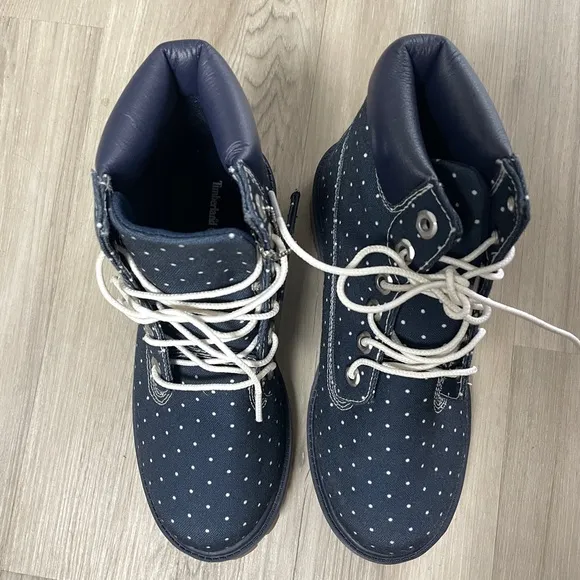 NEW Timberland Kids Blue Polka Dot Denim Chukka Ankle Lace Up Boots Size 4